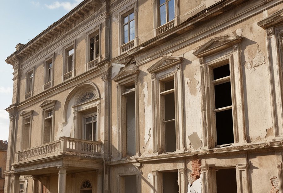 Altes neoklassizistisches Gebäude mit bröckelndem Putz, freiliegenden Ziegeln und leeren Fensteröffnungen — ein leerstehendes Haus vor der Sanierung.